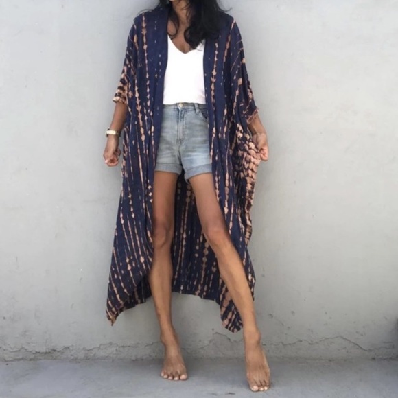 Navy Tie Dye Boho Swim Coverup Kimono Robe - Picture 7 of 8